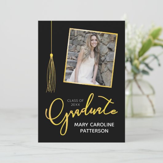 Stijlvolle gouden zwarte foto Afstuderen aankondig (Staand voorkant)