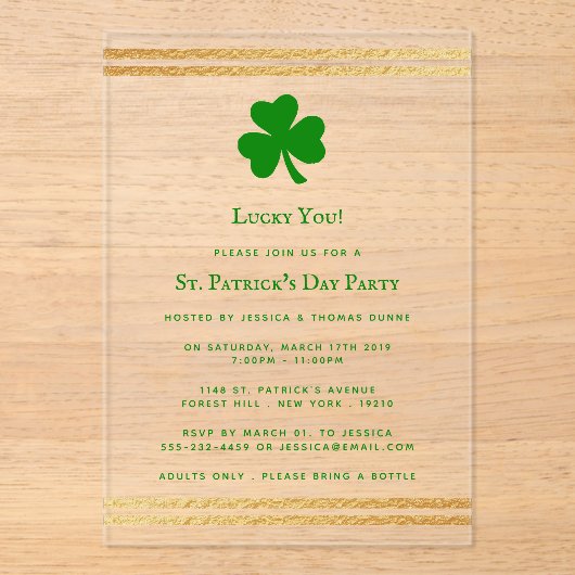Stijlvolle goudfolie St. Patrick's Day Acryl Uitnodigingen (Voorkant)