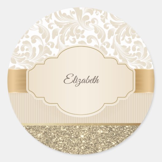 Stijlvolle goudglitter Damask Ronde Sticker (Voorkant)