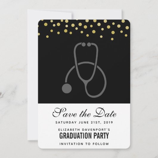 Stijlvolle Graduation Party Grey op Black Stethosc Save The Date (Voorkant)