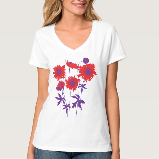 Stijlvolle grafische papaver rood en paars t-shirt (Voorkant)