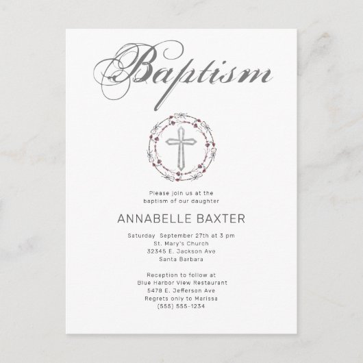 Stijlvolle Gray Baptisme Cross Invitation Briefkaart (Voorkant)