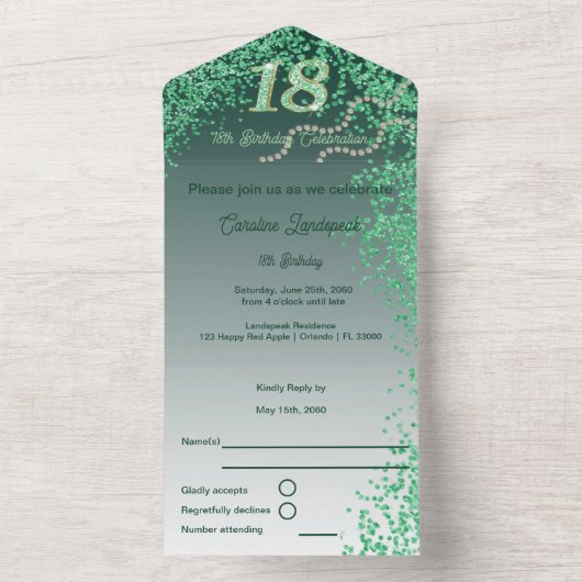 Stijlvolle Green Glitter 18e verjaardag All In One Uitnodiging (Binnen)