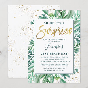 Stijlvolle Greenery Gold Glitter Surprise Birthday Kaart