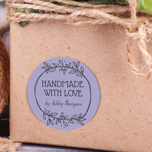 Stijlvolle Greenery Handmade with Love Name Paars Ronde Sticker