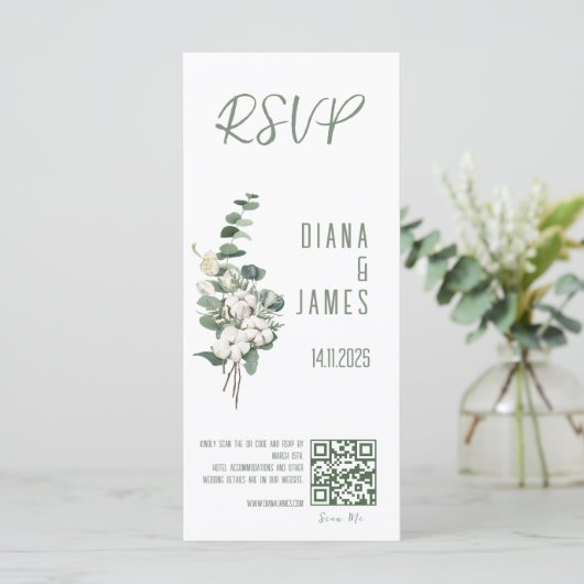 Stijlvolle Greenery Leaves Wedding RSVP QR code (Staand voorkant)