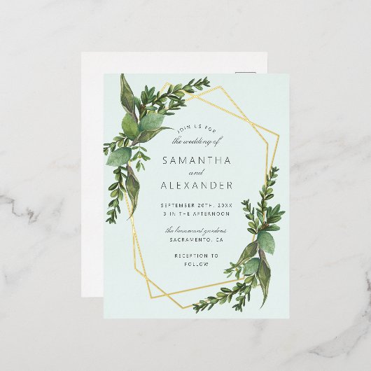 Stijlvolle Greenery Mint & Gold Geometric Wedding Folie Uitnodiging Briefkaart (Voorkant / Achterkant)