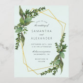 Stijlvolle Greenery Mint & Gold Geometric Wedding Folie Uitnodiging Briefkaart (Voorkant)