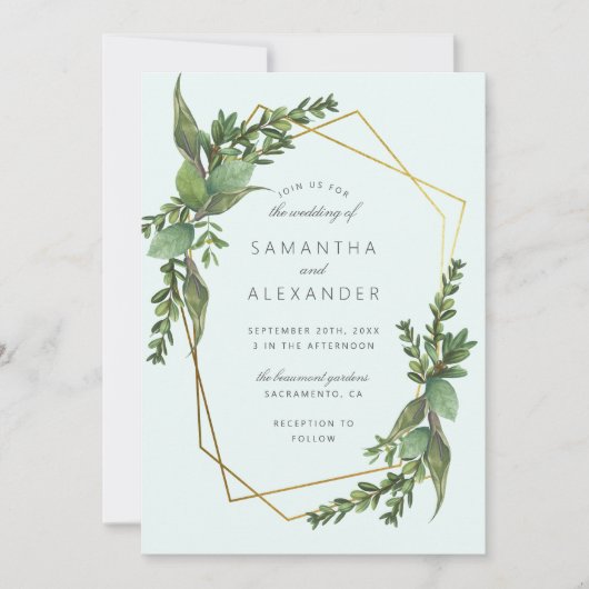 Stijlvolle Greenery Mint & Gold Geometric Wedding Kaart (Voorkant)