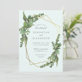 Stijlvolle Greenery Mint & Gold Geometric Wedding Kaart (Staand voorkant)