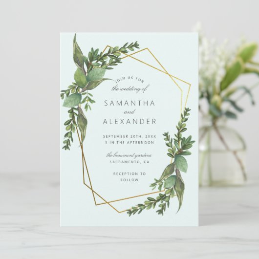 Stijlvolle Greenery Mint & Gold Geometric Wedding Kaart (Staand voorkant)