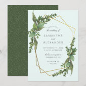 Stijlvolle Greenery Mint & Gold Geometric Wedding Kaart (Voorkant / Achterkant)