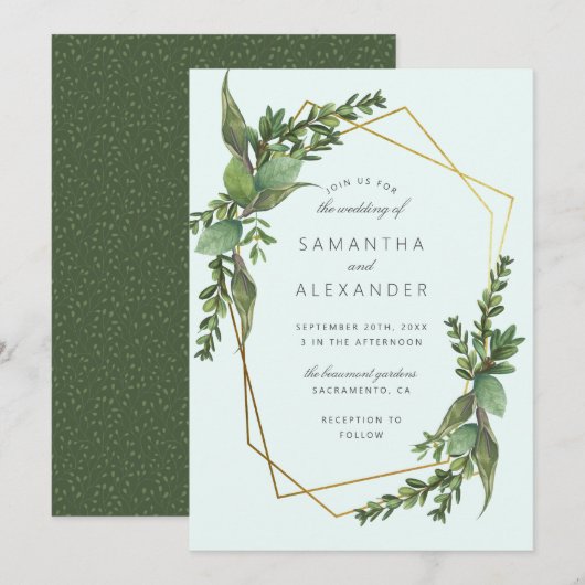 Stijlvolle Greenery Mint & Gold Geometric Wedding Kaart (Voorkant / Achterkant)
