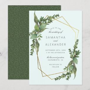 Stijlvolle Greenery Mint & Gold Geometric Wedding Kaart