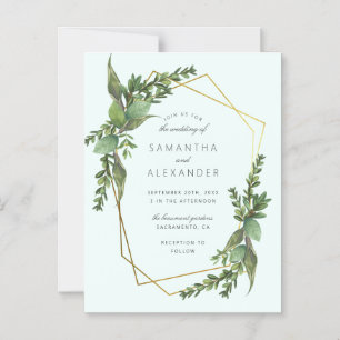 Stijlvolle Greenery Mint & Gold Geometric Wedding Magnetische Uitnodiging
