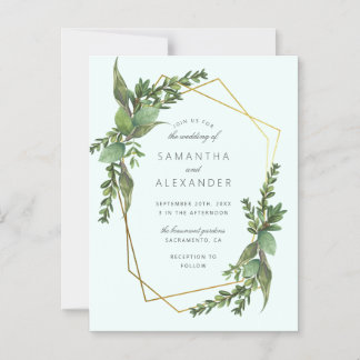 Stijlvolle Greenery Mint & Gold Geometric Wedding Magnetische Uitnodiging
