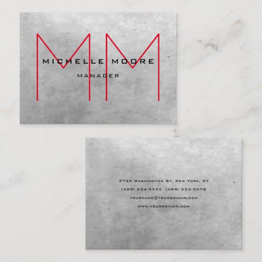 Stijlvolle Grijs Enorme Rode Monogram Moderne Prof Visitekaartje (Voorkant / Achterkant)