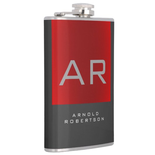 Stijlvolle Grijs Rood Trendy Monogram Naam toevoeg Heupfles (Rechts)