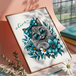Stijlvolle Grijze Kat Teal Bloem Illustratie Aange Poster
