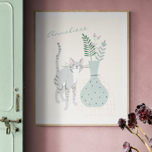Stijlvolle Grijze Kat Teal Bloem Illustratie Op Ma Poster