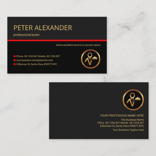 Stijlvolle grijze lagen rode lijn ober butler visitekaartje (Voorkant / Achterkant)