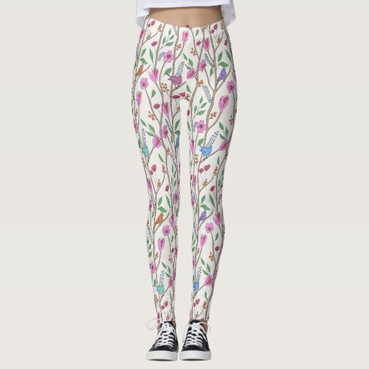 Stijlvolle Grillen Vogels en Bloemen Leggings (Voorkant)