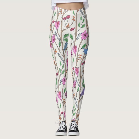 Stijlvolle grillige vogels en bloemen leggings (Voorkant)