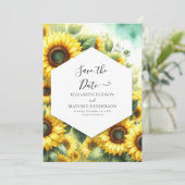 Stijlvolle grillige zonnebloem bruiloft save the date (Staand voorkant)