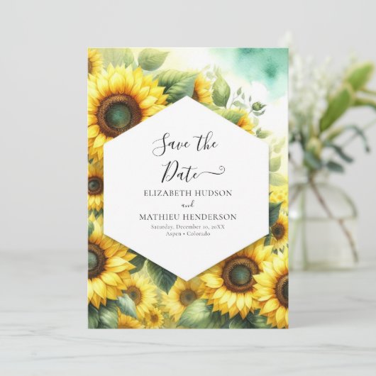 Stijlvolle grillige zonnebloem bruiloft save the date (Staand voorkant)