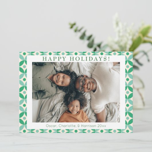Stijlvolle groene blauwe mid-mod aangepaste foto  feestdagenkaart (Staand voorkant)