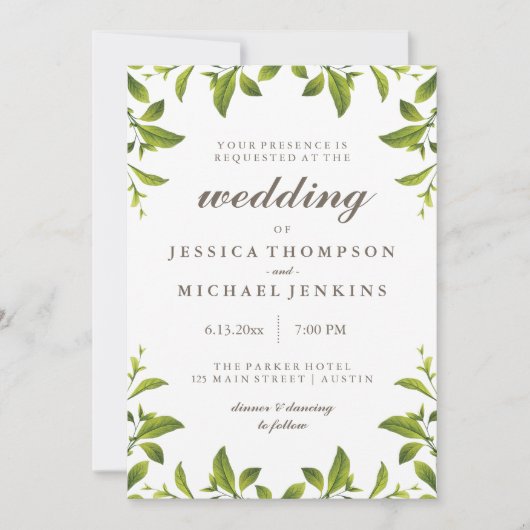 Stijlvolle groene botanische bladeren bruiloft kaart (Voorkant)