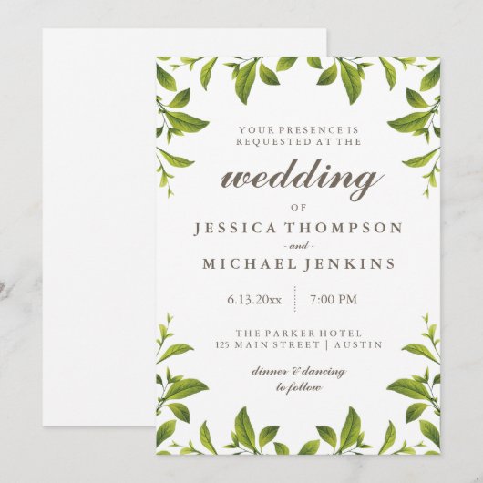 Stijlvolle groene botanische bladeren bruiloft kaart (Voorkant / Achterkant)