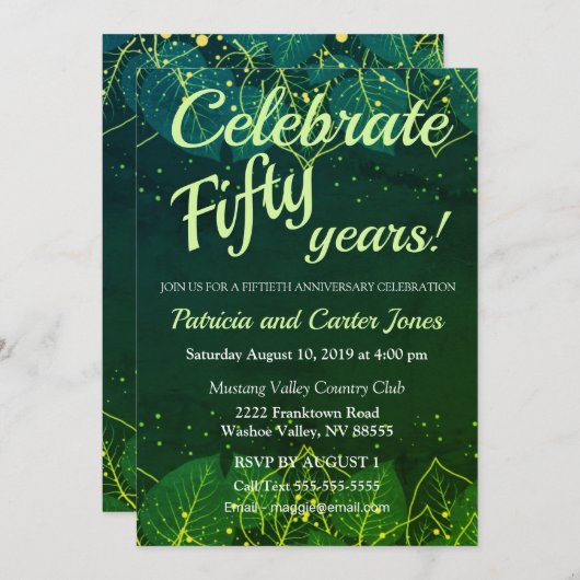 Stijlvolle groene en Gold 50e Jubileum uitnodiging (Voorkant / Achterkant)