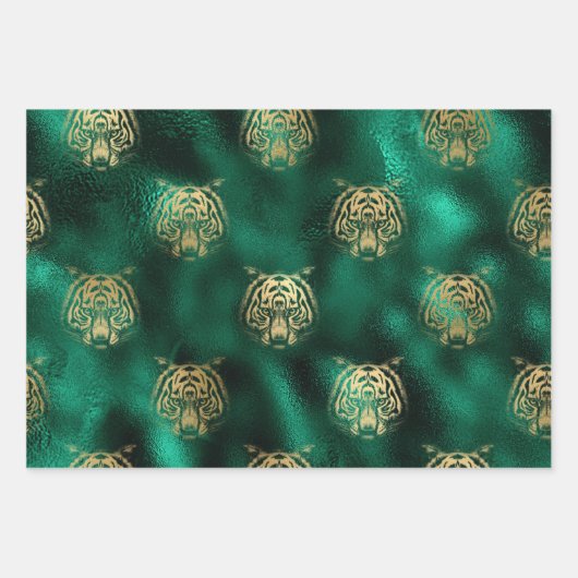 Stijlvolle groene en gouden tijgergezicht en strep inpakpapier vel (Voorkant 2)