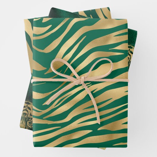 Stijlvolle groene en gouden tijgergezicht en strep inpakpapier vel (In situ)