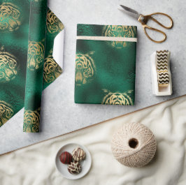 Stijlvolle groene en gouden wilde tijgergezicht sa cadeaupapier