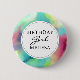Stijlvolle groene en rode Waterverf Birthday Girl Ronde Button 5,7 Cm
