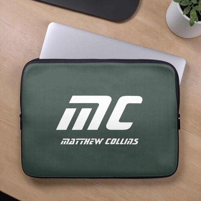 Stijlvolle groene gepersonaliseerde monogram mascu laptop sleeve (Stylish Green Personalized Monogram Masculine Laptop Sleeve)