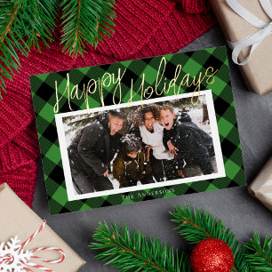 Stijlvolle groene geruite foto folie kerstkaart feestdagenkaart