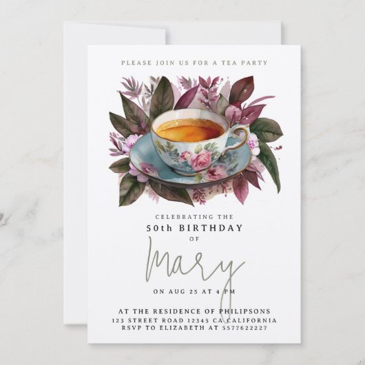 Stijlvolle Groene Thee Party Mok Bloemen Waterverf Kaart (Voorkant)