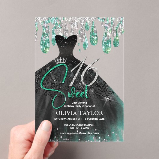 Stijlvolle groene zwarte jurk zoet 16 monogram acryl uitnodigingen (Insitu (Draagbaar))