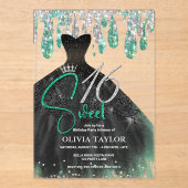 Stijlvolle groene zwarte jurk zoet 16 monogram acryl uitnodigingen (Voorkant)