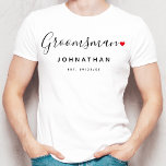 Stijlvolle Groomsman bruiloft T-shirt<br><div class="desc">Het perfecte geschenk voor elke kinderjuffrouw,  het leuke en moderne ontwerp is voorzien van een stijlvol typografie script "Groomsman" met schattig klein rood liefdeshart vol stops. Het ontwerp is gemakkelijk te personaliseren met een naam en een gevestigde trouwdatum en zal de perfecte aandenken van uw speciale dag zijn.</div>