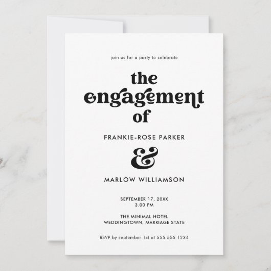 Stijlvolle Groovy Retro Zwart Wit Verlovingsfeest Kaart (Voorkant)