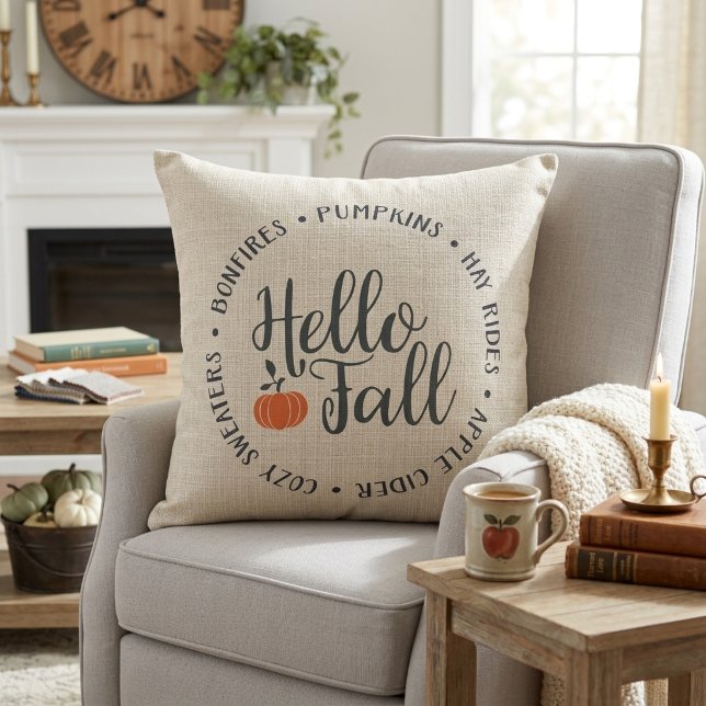 Stijlvolle Hallo Herfst Klassieke Herfst Kussen (Stylish Hello Fall Classic Autumn Throw Pillow.  Bonfires, Pumpkins, Hay Rides, Cozy Sweaters, Cider)