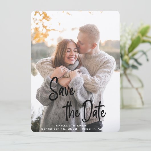 Stijlvolle handgeschreven script persoonlijke foto save the date (Staand voorkant)
