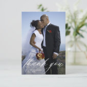 Stijlvolle handgeschreven script trouwfoto bedankkaart (Staand voorkant)