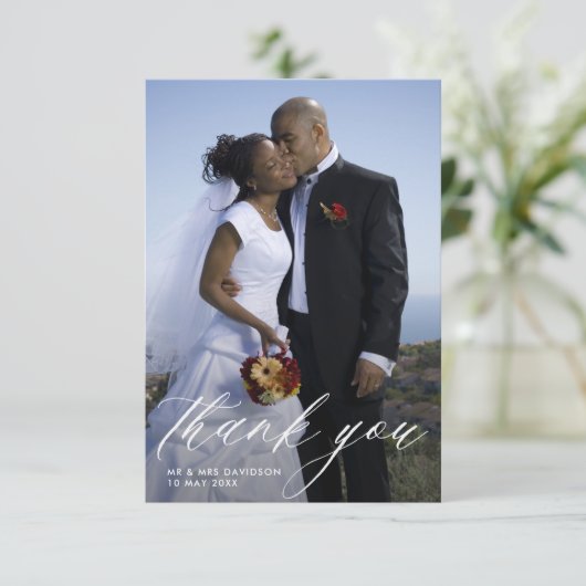 Stijlvolle handgeschreven script trouwfoto bedankkaart (Staand voorkant)