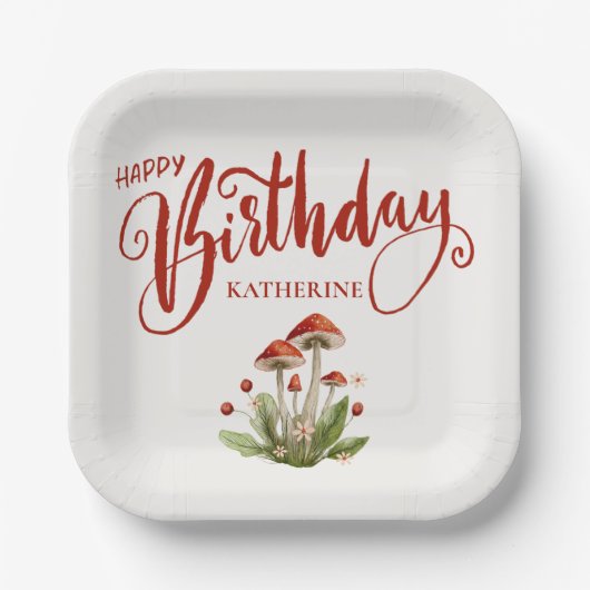 Stijlvolle Happy Birthday Retro Mushroom Papieren Bordje (Voorkant)