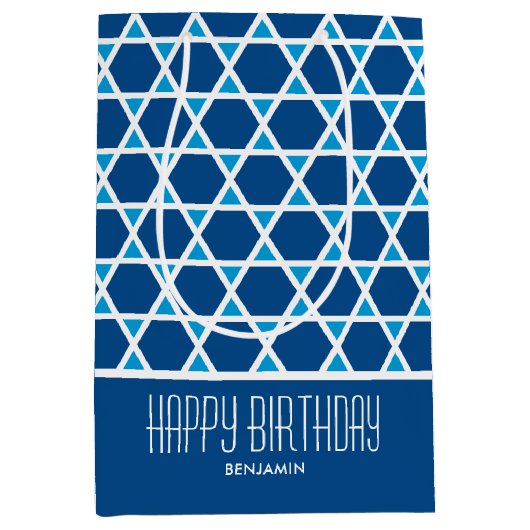 Stijlvolle Happy Birthday Star Patroon Blauw Custo Medium Cadeauzakje (Voorkant)